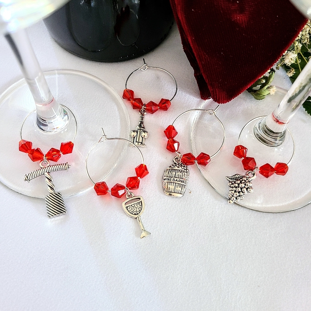 "Cocktail Night" Handmade Red Crystal & Tibetan Silver Charms Wine Glass Markers